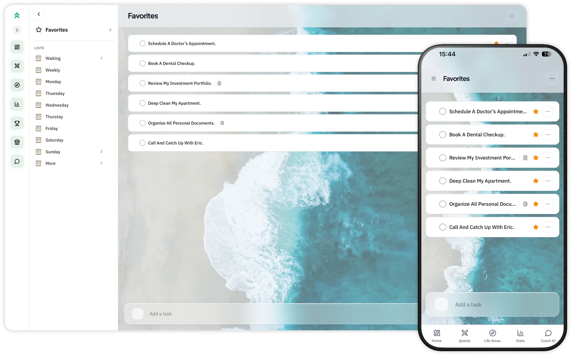 Ascendo to-do list app showing daily tasks and customizable themes for productivity