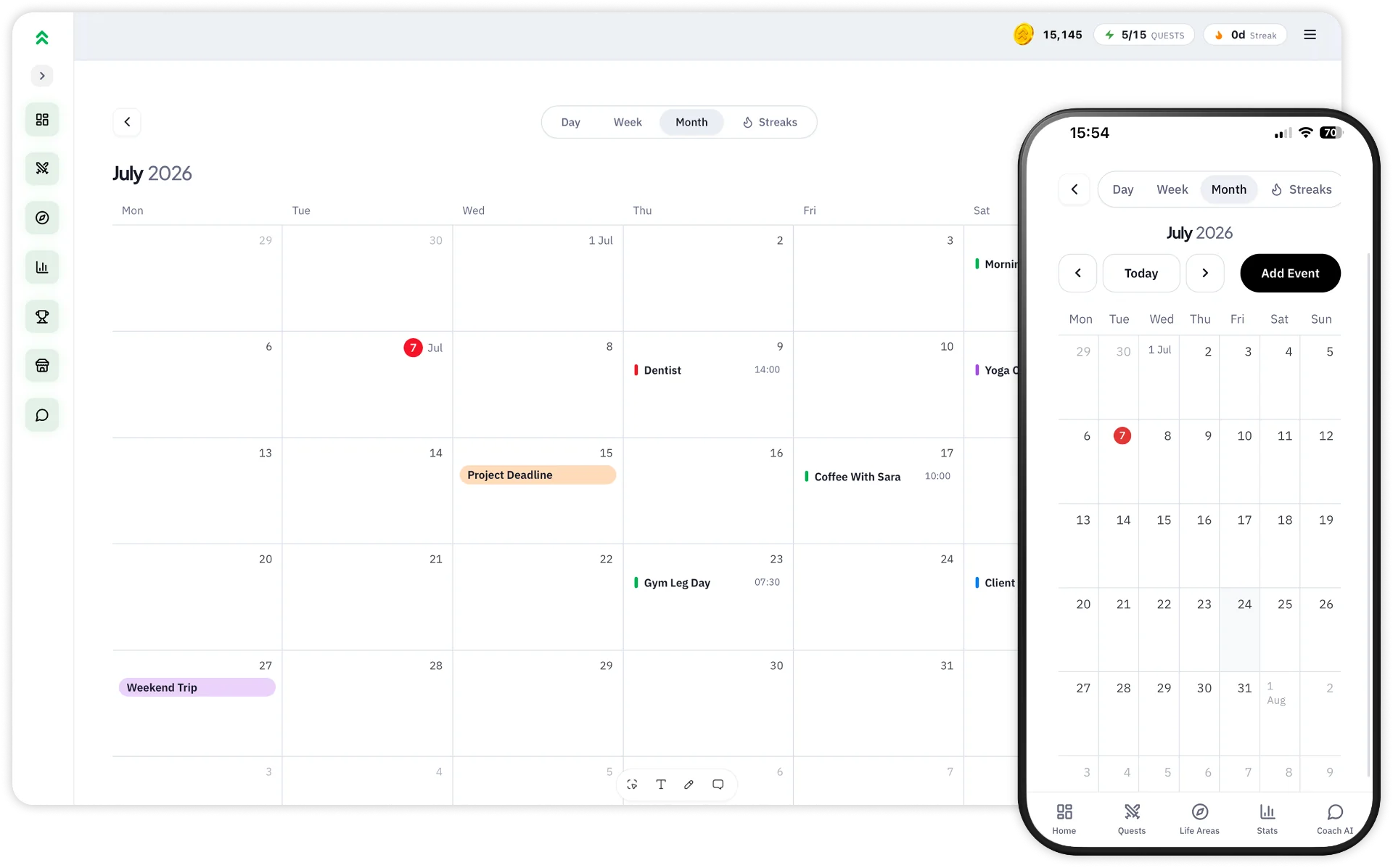 Ascendo calendar view showing daily plans, weekly schedule and habit streaks for consistency
