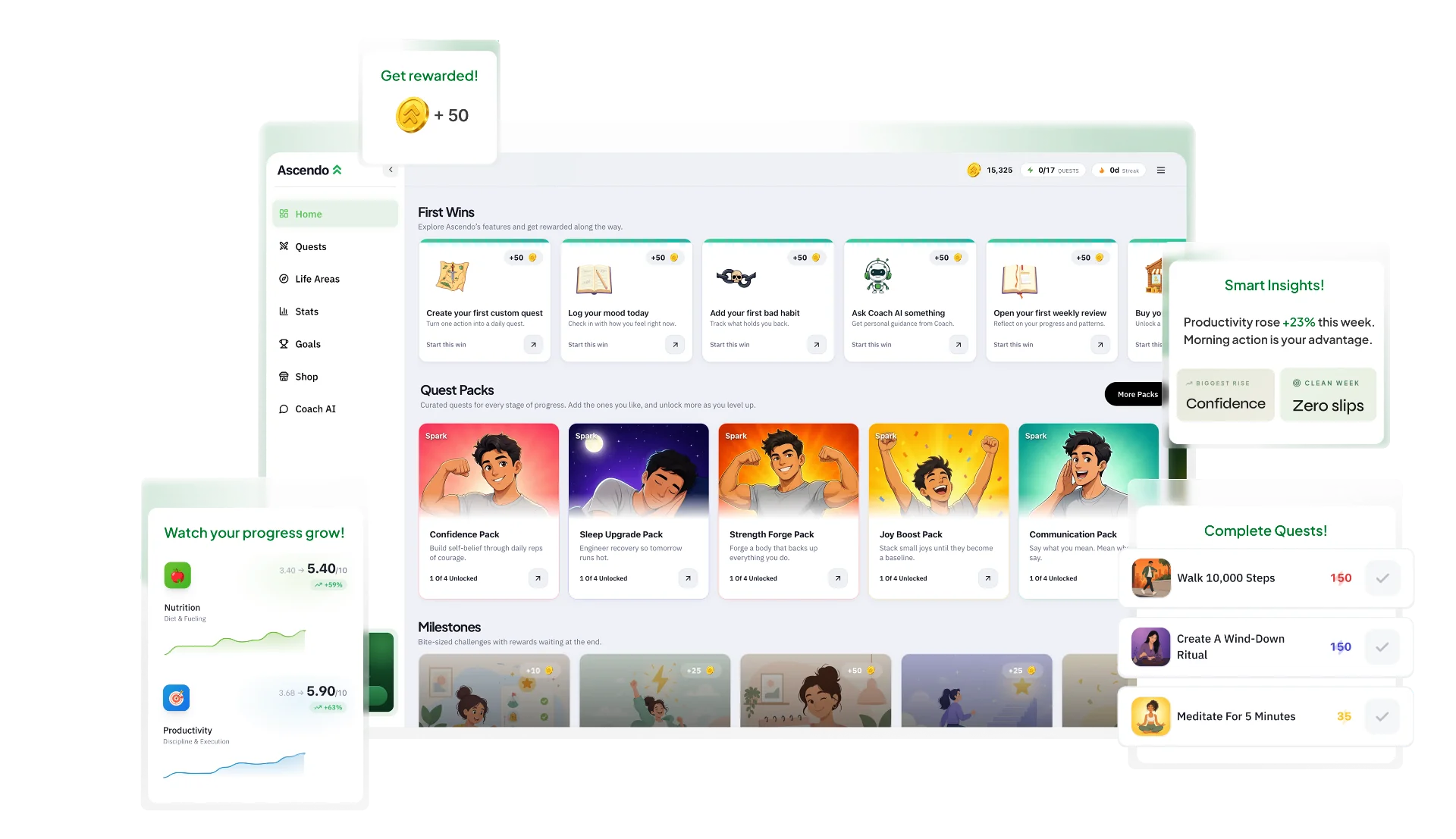 Ascendo personal growth app dashboard showing daily quests, habits and XP progress